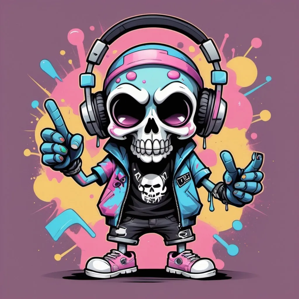 Prompt: Cartoon Graffitti character cyber punk gangster happy candy skull hip hop dj character spray bomb pastel