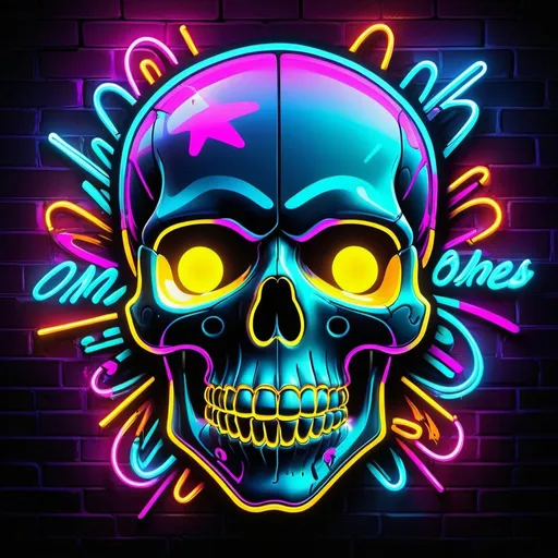 Prompt: Profile picture of '0_in_bones' text above a cartoon looking skull/skeleton in graffiti neon style, vibrant neon colors, urban street art, glowing typography, realistic graffiti texture, edgy and dynamic, high energy, neon glow, graffiti art, urban, vibrant colors, detailed typography, edgy design, professional, neon lighting, highres, cartoon style