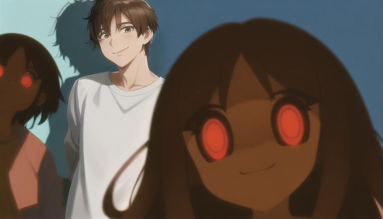 Prompt: insane, cute anime boy, brown hair, smiling, trippy background, shadows on people lurking in the background 