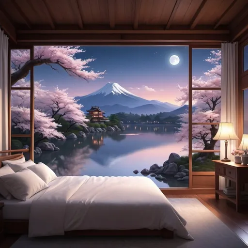 Prompt: Bedroom with mountain lake view, cherry blossom lake, moonlit sky, white blanket bed, Evgeny Lushpin style, neo-romanticism, kyoto studio, digital rendering, highres, detailed, moonlit, serene, romantic, mountain lake, cherry blossom lake, white blanket bed, moon in the sky, evgeny lushpin, neo-romanticism, kyoto studio, detailed digital rendering, moonlit sky, serene atmosphere, highres quality, romantic lighting