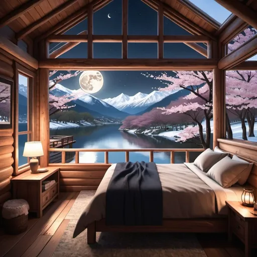 Prompt:  first-person view from inside a huge wood cabin nestled in the mountains, amidst a breathtaking landscape of cherry blossom trees, lakes, and snow. The cabin is thoughtfully designed with a modern touch, while still embracing a cozy atmosphere. The scene portrays a moonlit midnight setting, immersing the viewer in a peaceful and tranquil experience.