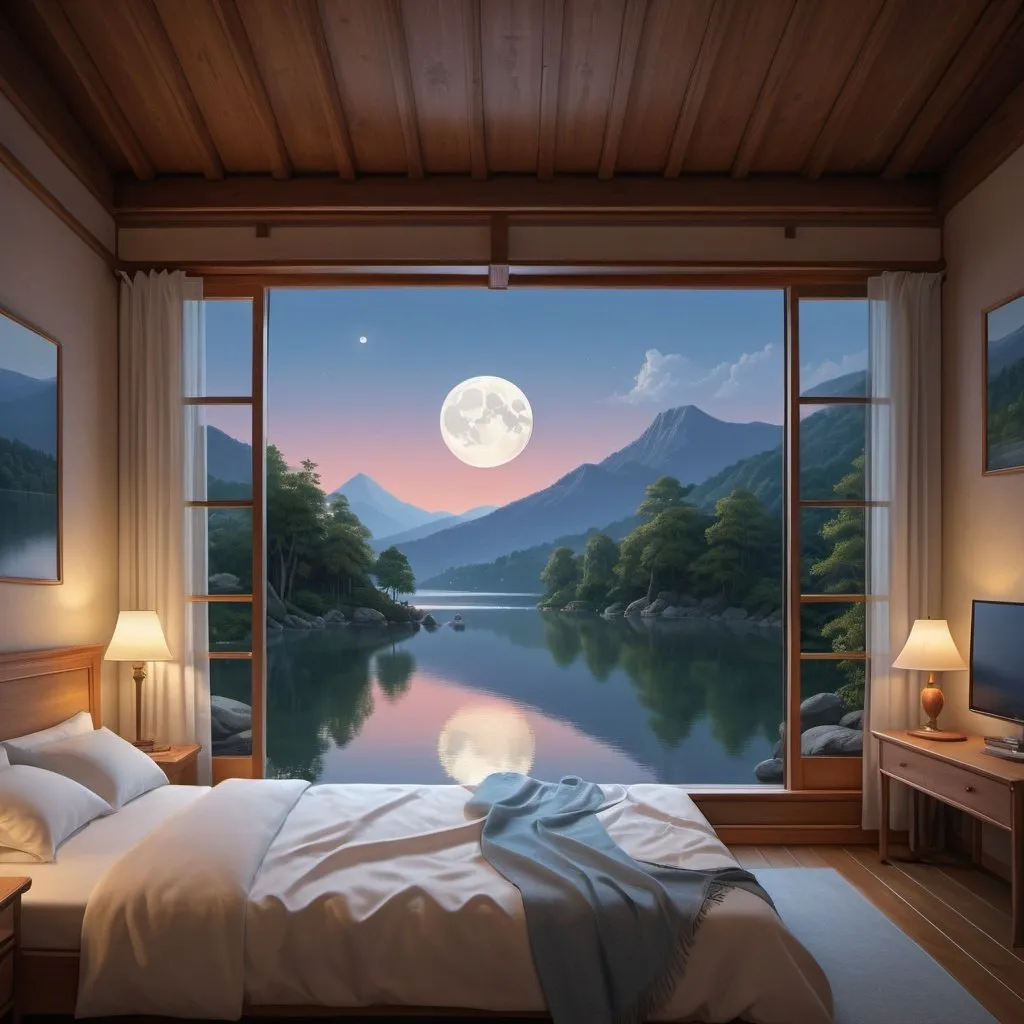 Prompt: a bedroom with a view of a mountain lake and a lake with a moon in the sky and a bed with a white blanket, Evgeny Lushpin, neo-romanticism, kyoto studio, a digital rendering