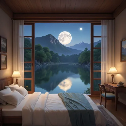 Prompt: a bedroom with a view of a mountain lake and a lake with a moon in the sky and a bed with a white blanket, Evgeny Lushpin, neo-romanticism, kyoto studio, a digital rendering
