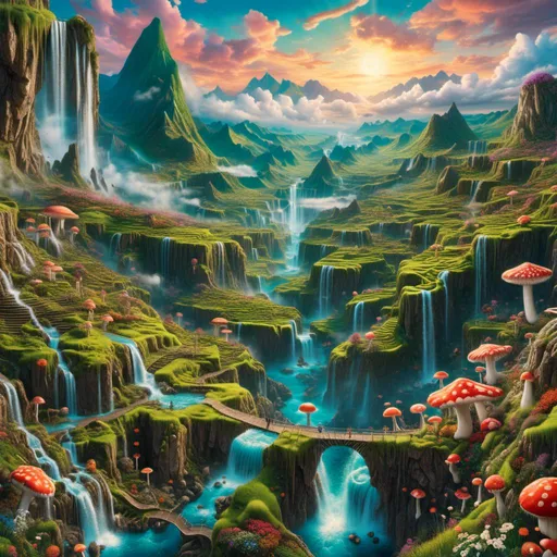 Prompt: <mymodel>Mountains with waterfalls mushrooms and peyotes