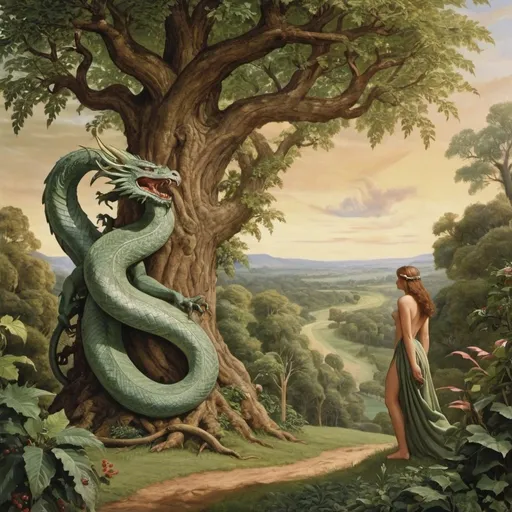 Prompt: In the arden of eden the serpent is taking to eve and theres an evil dragon 
 being behind another tree observing 

