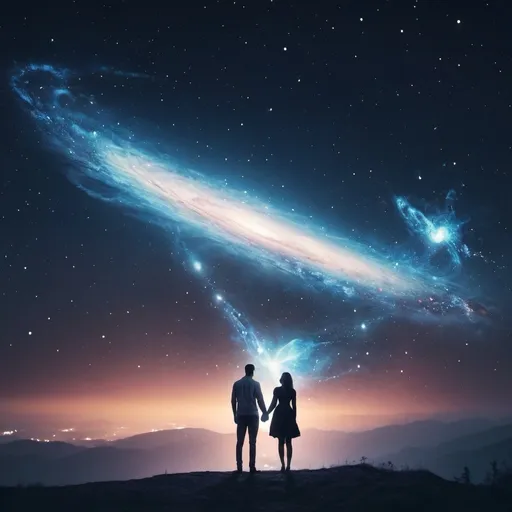 Prompt: man and woman creating magic galaxies sky at night 
