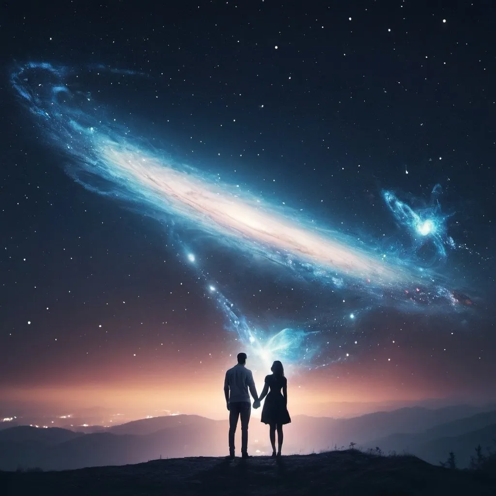 Prompt: man and woman creating magic galaxies sky at night 
