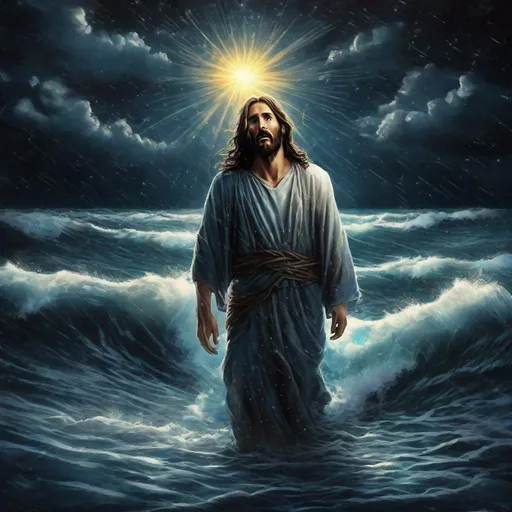 Prompt: Jesus getting out of the ocean on a storm. Dark night starry background with a shine sun and  raysuns getting out of his head.  
