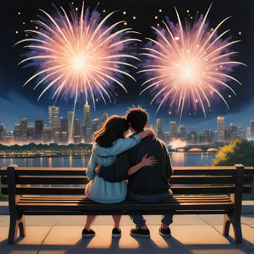 Prompt: a couple sitting on a bench with fireworks in the background and a city skyline in the background with a couple hugging, Aya Goda, sots art, official art, a detailed painting