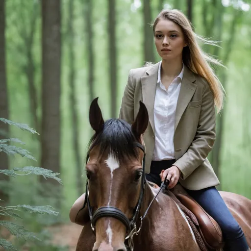 Prompt: Woman on horse in woods