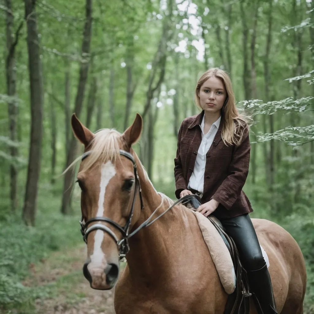 Prompt: Woman on horse in woods