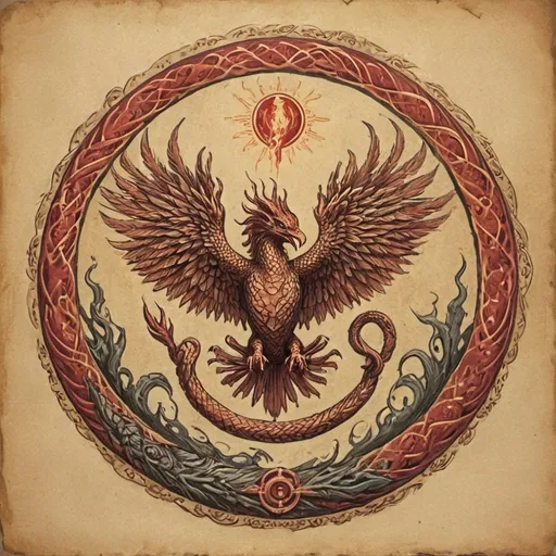 Prompt: ouroboros with a phoenix rising out of the center