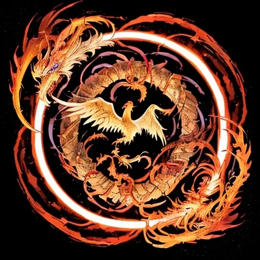 Prompt: ouroboros with a phoenix rising out of the center