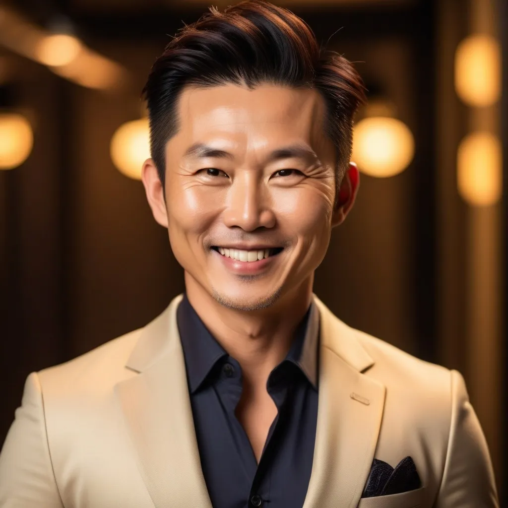 Prompt: Handsome 40-year-old Asian stylist, warm lighting, glowing aura, detailed facial features, professional, high-quality, realistic portrait, warm tones, confident smile, stylish attire, modern hairdo, atmospheric lighting