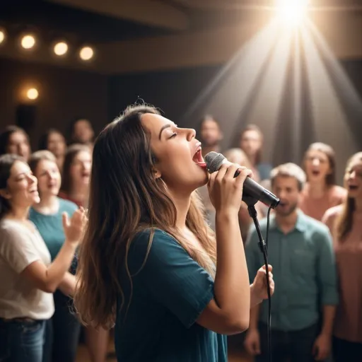 Prompt: create an image sized 2160 x 3840, in UHD resolution, of a person singing to God with a microphone in hand, while in the blurred background a group of people watches her sing