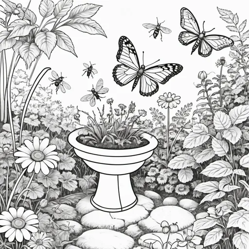 Prompt: Garden coloring for toddlers with insects and animals

