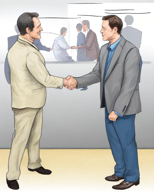 Prompt: two guy standing and they talking each other. They hand shaking. make realistic high detailed. 