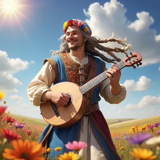 Prompt: A (short medieval bard playing a hurdy-gurdy wearing headband), standing in an open plain, long flowing hair, vibrant field of colorful flowers, bright sunlight casting dynamic shadows, clear blue sky with fluffy clouds, cheerful atmosphere, high depth of field, ultra-detailed, warm color tones, cinematic masterpiece, highly realistic texture, HD quality.