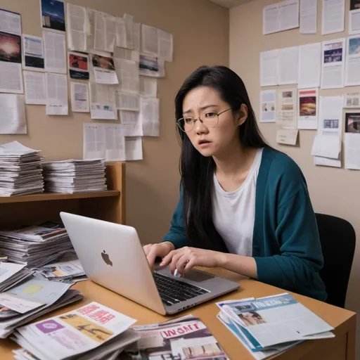 Prompt: Jing Wah looking frustrated and overwhelmed by the choices she has. She's
in her bedroom, surrounded by a number of uni brochures and lots of research on her
laptop. The character is probably around eighteen years old. The characters are dressed fashionably .