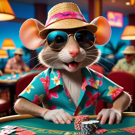 Prompt: Mouse, bucket hat, mirrored sunglasses, Hawaiian shirt playing black jack