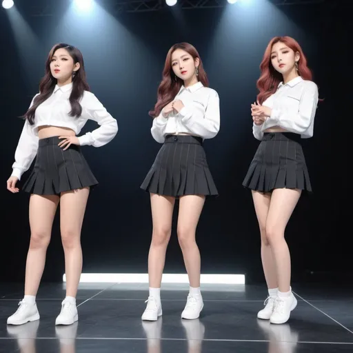 Prompt: A kpop girl group of four members realistic, and in 4k on the stage with dynamic poses