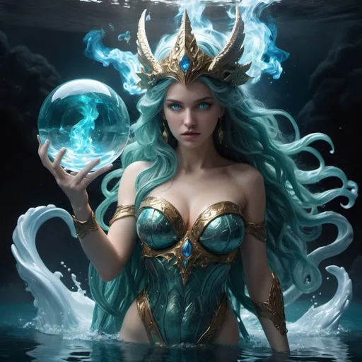 Prompt: ((best quality)), ((masterpiece)), (detailed), perfect face, Aphrodite as war queen, holding an orb, in wrath, mythical scene , water wrapped around body, full body, perfect body, perfect face, perfect hands, hold an blue flames astral orb, submerged in the water, blue flames eyes, wavy long hair, body armour, war helmet, disclose, ethereal dragon, ethereal water, ethereal, massive smoke, blue-green smoke, feet on clouds, UHD, ultra detailed, hyper realistic, surrealism, epic realism, shiny body, mystical glow