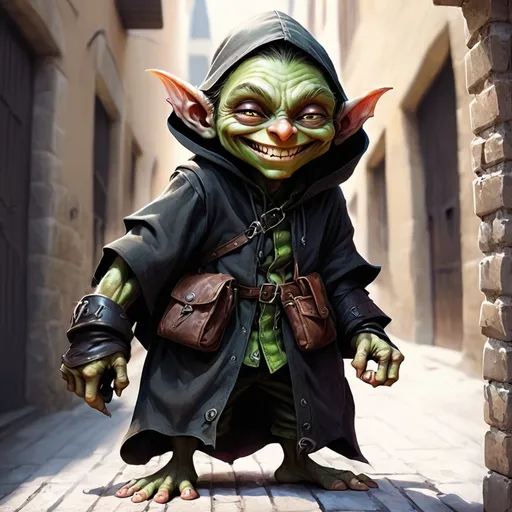 Prompt: Small goblin, thief, deep cloaked, urban, spastic, shadowed, evil smile, pick pocket.