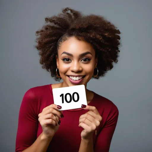 Prompt: attractive african american woman holding  gift card with 100 on the card