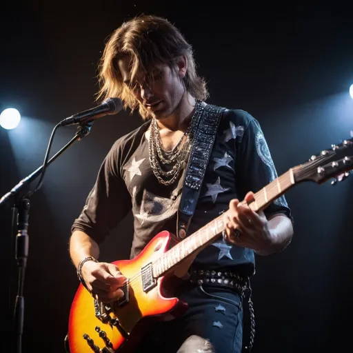 Prompt: Rock Star playing Guitar on stage with  bright lights and chain shirt
