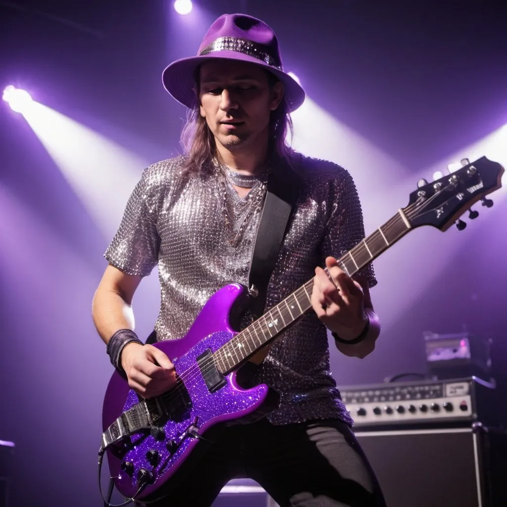 Prompt: Rock Star playing Guitar on stage with  bright lights and chainmail shirt purple hat
