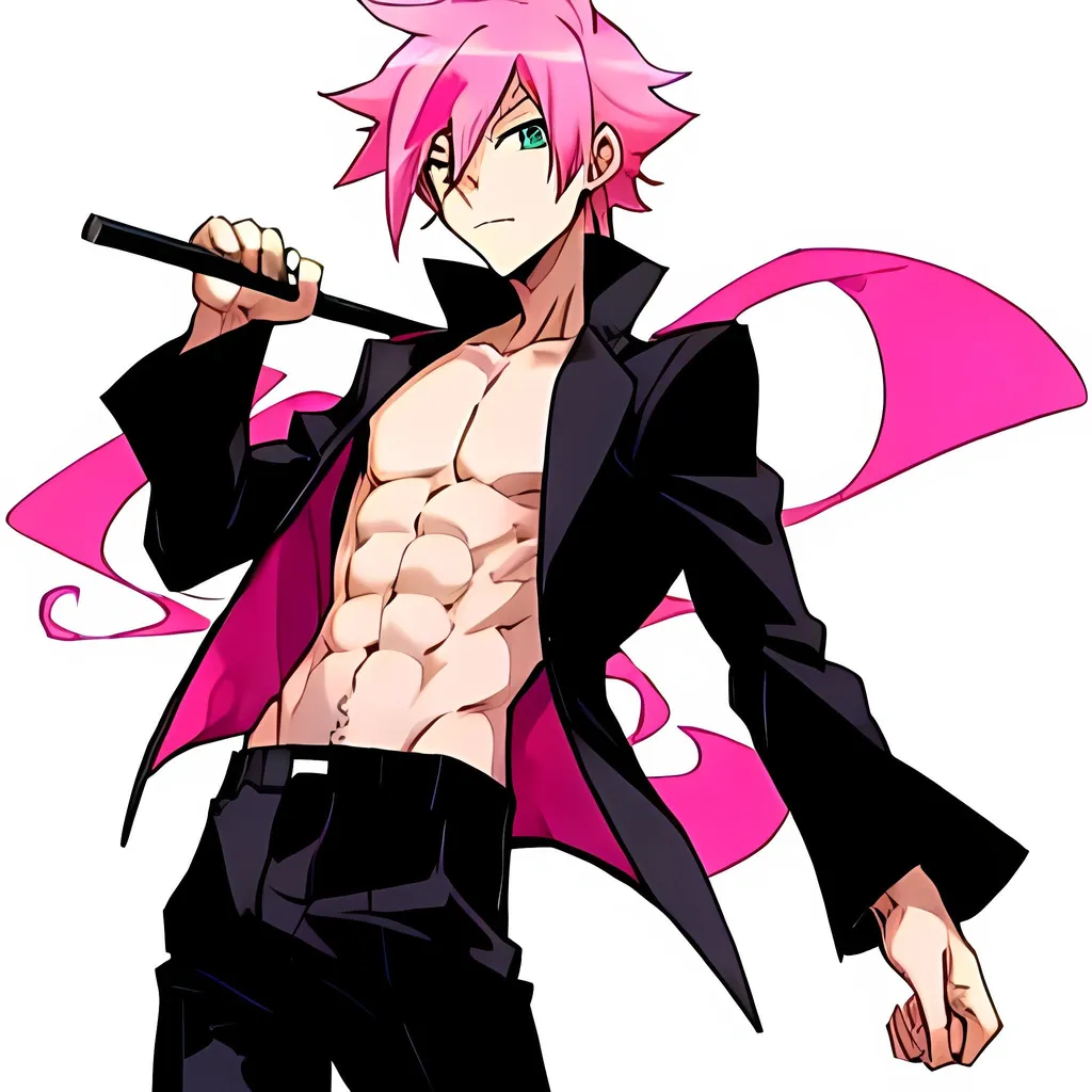 anime guy with pink hair with no shirt, and wearing...