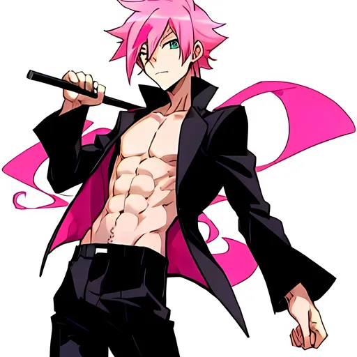 Prompt: anime guy with pink hair with no shirt, and wearing black pants, with a white background