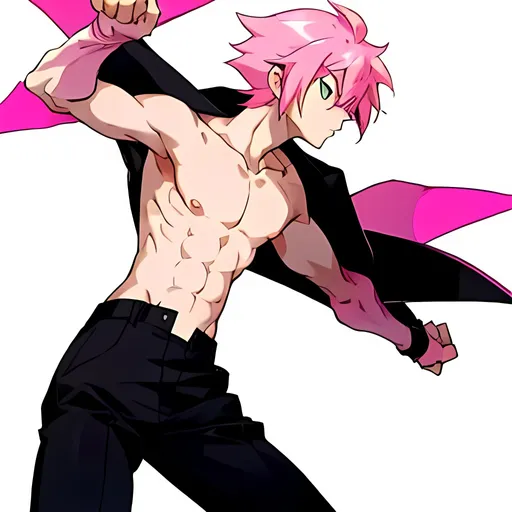 Prompt: anime guy with pink hair with no shirt, and wearing black pants, with a white background