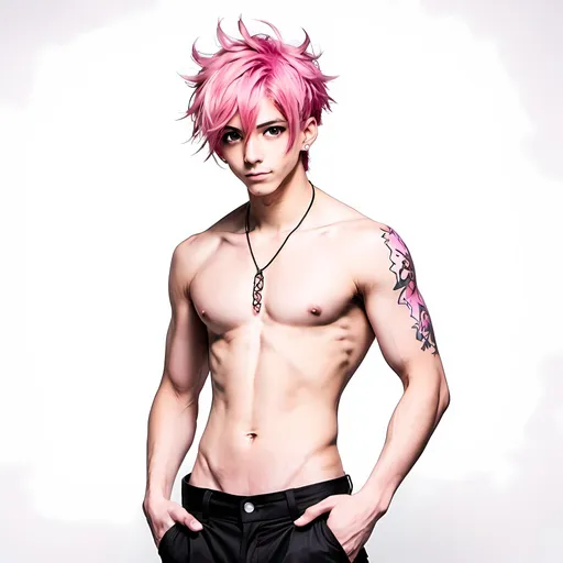 Prompt: anime guy with pink hair with no shirt, and wearing black pants, with a white background