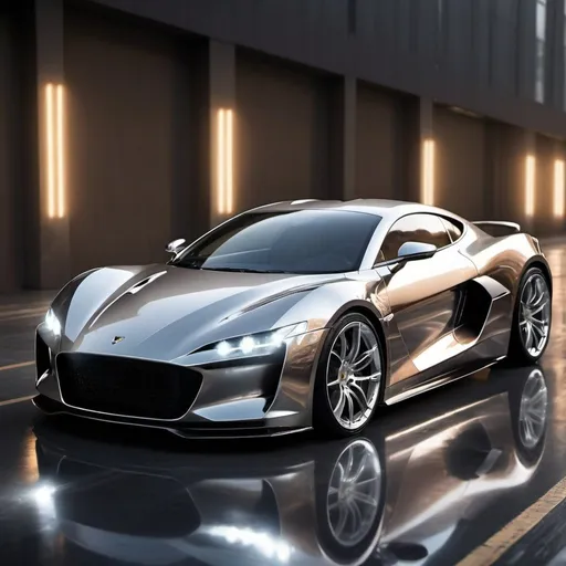 Prompt: Sports car, glossy metallic finish, lights reflecting on the car, dynamic and sleek design, high quality, dynamic design