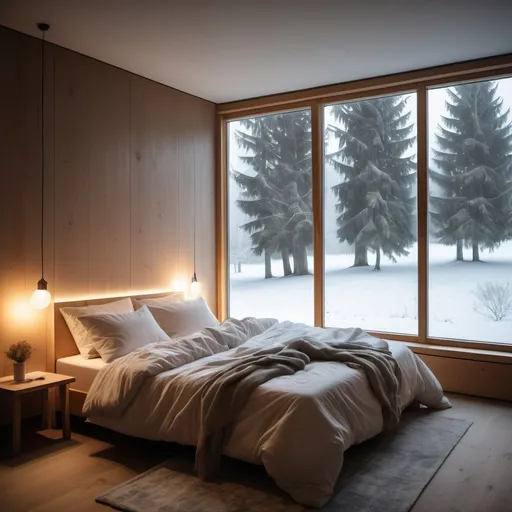 Prompt: a room with a double bed  near the big window, outside the window you can see snow and a couple of trees illuminated by the light from the room. The room has a soft, warm light, a pleasant winter atmosphere. 