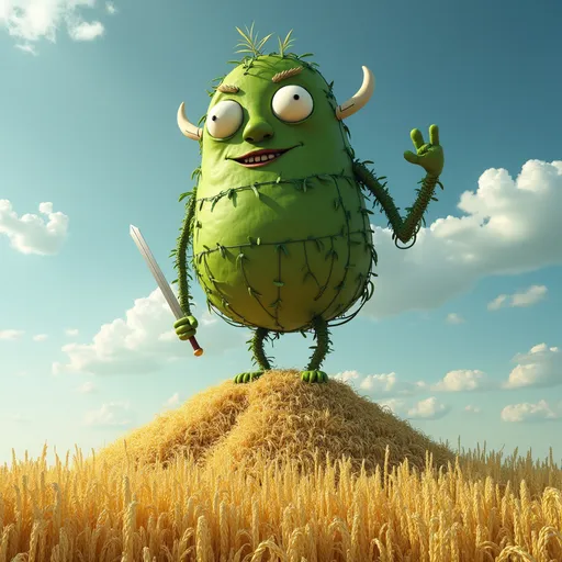 Prompt: Create an italian brainrot picture of a huge Broccalini with a face and sword, standing on top of a mountain of rice