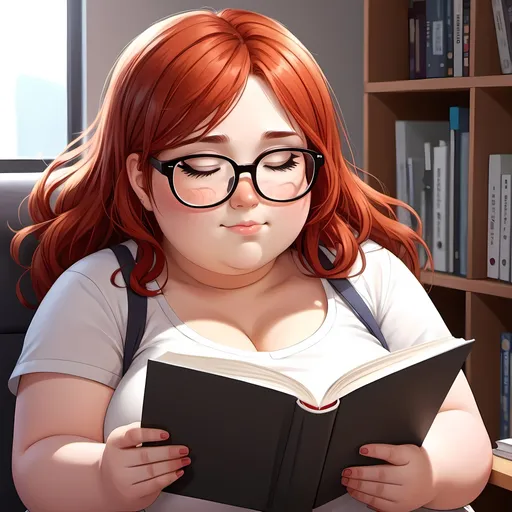 Prompt: A cute anime fat girl with red hair and glasses, reading a book