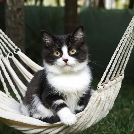 Prompt: a really cute cat sitting a hammock