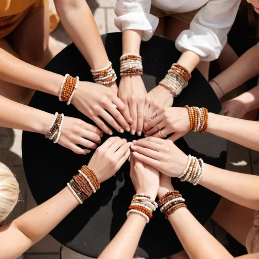 Prompt: Group of 6 women making bracelets with colorful small beads, clean girl style, clothes and surrounding in beige, white and brown colors