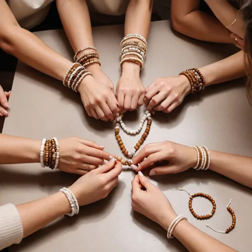 Prompt: Group of 6 women making bracelets with beads, clean girl style, surrounding in beige, white and brown colors