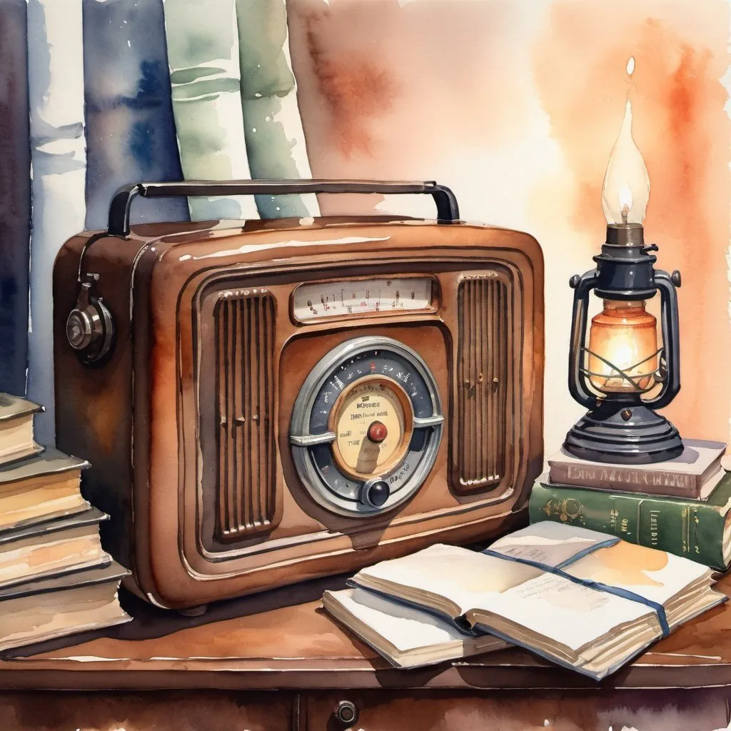 Prompt: watercolor painting of a vintage radio with books and oil lamps
