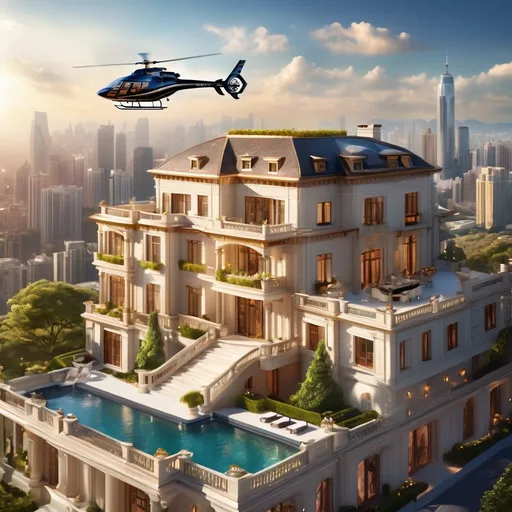 Prompt: Rich man on mansion rooftop, luxury materials, helicopter, sprawling cityscape, high society, wealthy lifestyle, sunny and bright, high quality, realistic rendering, opulent, detailed features, extravagant, warm tones, professional lighting