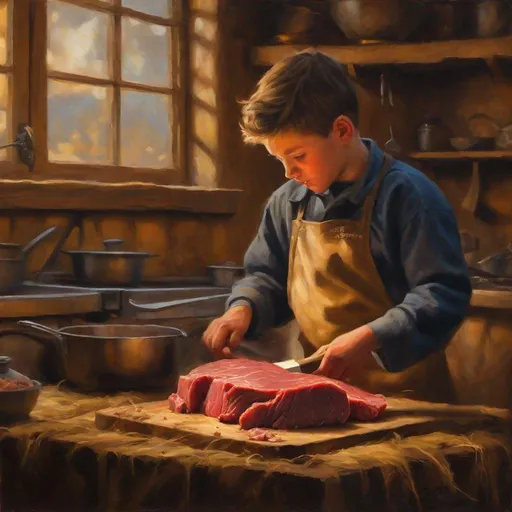 Prompt: Detailed oil painting of a boy cutting beef, warm and rustic atmosphere, high quality, realistic, traditional, golden lighting, detailed facial expressions, vibrant colors, rustic kitchen setting, focus on beef, texture, traditional art, golden hues, atmospheric lighting