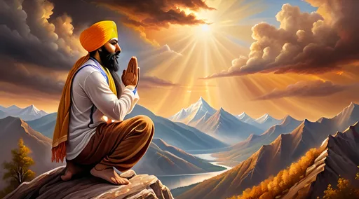 Prompt: Muscular Sikh man praying on mountain top, realistic oil painting, majestic mountain scenery, high quality, detailed brushwork, spiritual ambiance, warm earthy tones, dramatic lighting, atmospheric clouds, traditional attire, powerful physique, serene expression, majestic landscape, sunlit aura