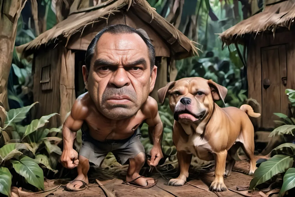 Prompt: Angry dog guarding man in wooden jungle hut, old wood material, dense jungle foliage, realistic, intense, warm tones, natural lighting , 1000 trees