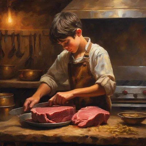 Prompt: Detailed oil painting of a boy cutting beef, warm and rustic atmosphere, high quality, realistic, traditional, golden lighting, detailed facial expressions, vibrant colors, rustic kitchen setting, focus on beef, texture, traditional art, golden hues, atmospheric lighting