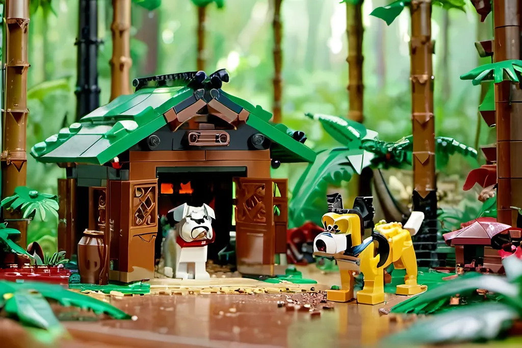 Prompt: Angry dog guarding man in wooden jungle hut, old wood material, dense jungle foliage, realistic, intense, warm tones, natural lighting , 1000 trees