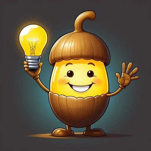 Prompt: cartoon drawing 2d art of friendly acorn person smiling and waving while glowing yellow like a light bulb

