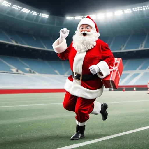 Prompt: Santa claus running in football stadium with gifts
